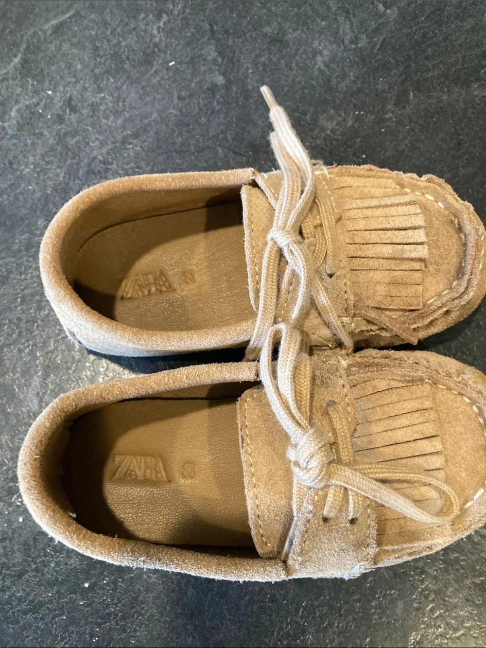 Kids Zara tan brown fringe mocassin shoes size 7
